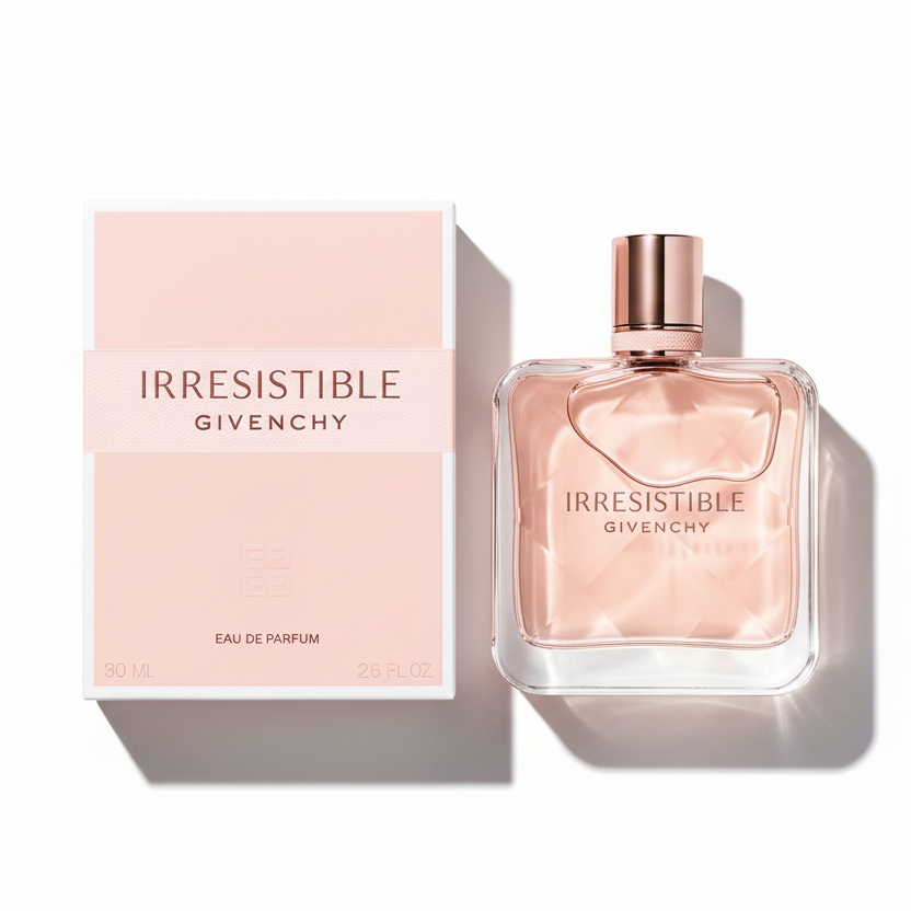Givenchy Irresistible perfume with luxury pale pink box - flat lay product photography on white background with elegant lighting
