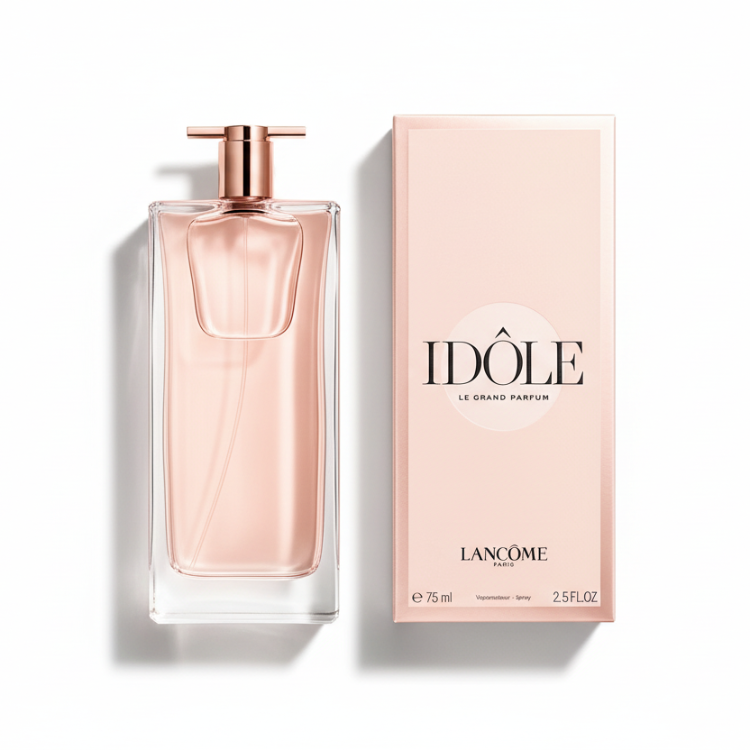 Lancôme Idôle 75ml with luxury pale pink box - flat lay product photography on white background with elegant lighting