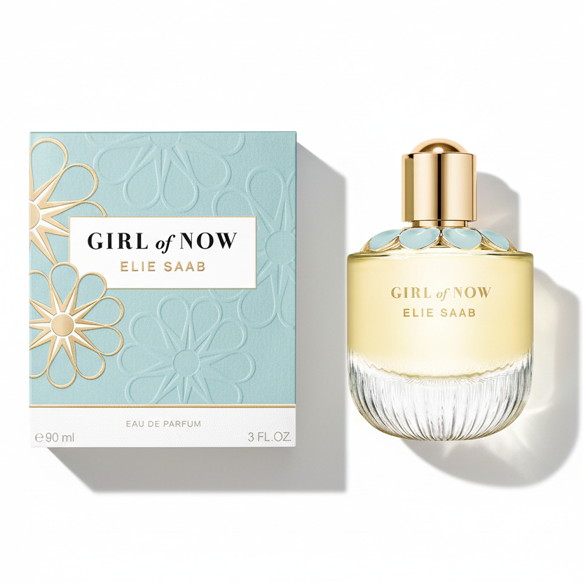 Elie Saab Girl of Now with luxury turquoise box - flat lay product photography on white background with elegant lighting