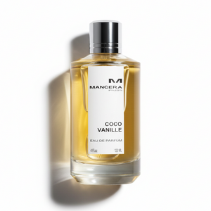 Mancera Coco Vanille Eau de Parfum 120ml bottle - luxury unisex gourmand fragrance with golden liquid and silver cap, professional top-down view