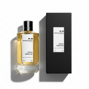 Mancera Coco Vanille perfume bottle with elegant black box packaging - luxury coconut vanilla fragrance set, professional top-down photography