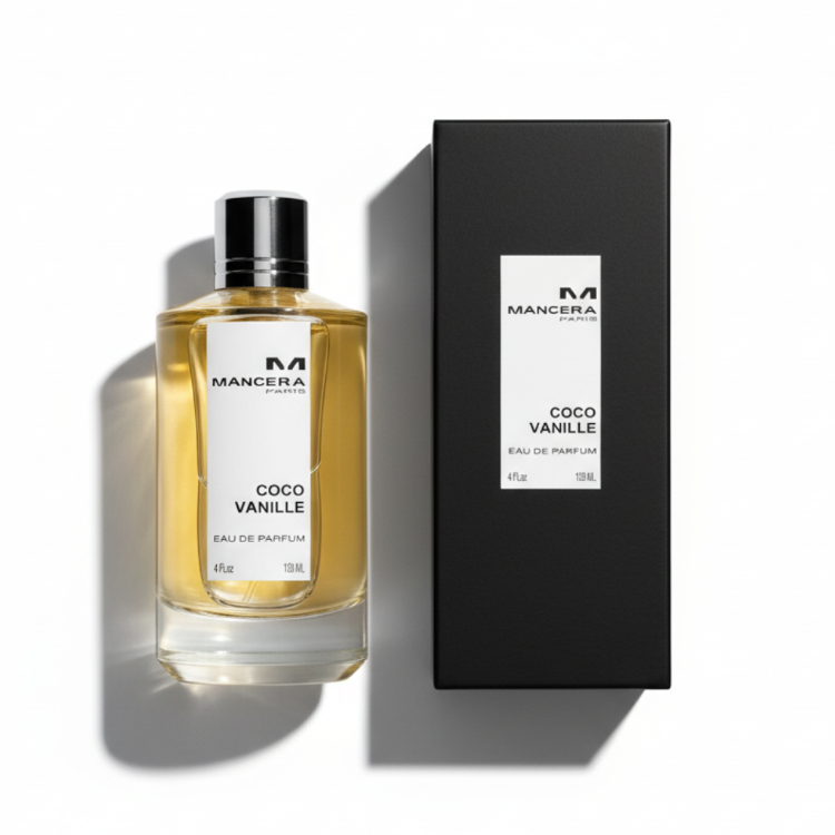 Mancera Coco Vanille perfume bottle with elegant black box packaging - luxury coconut vanilla fragrance set, professional top-down photography