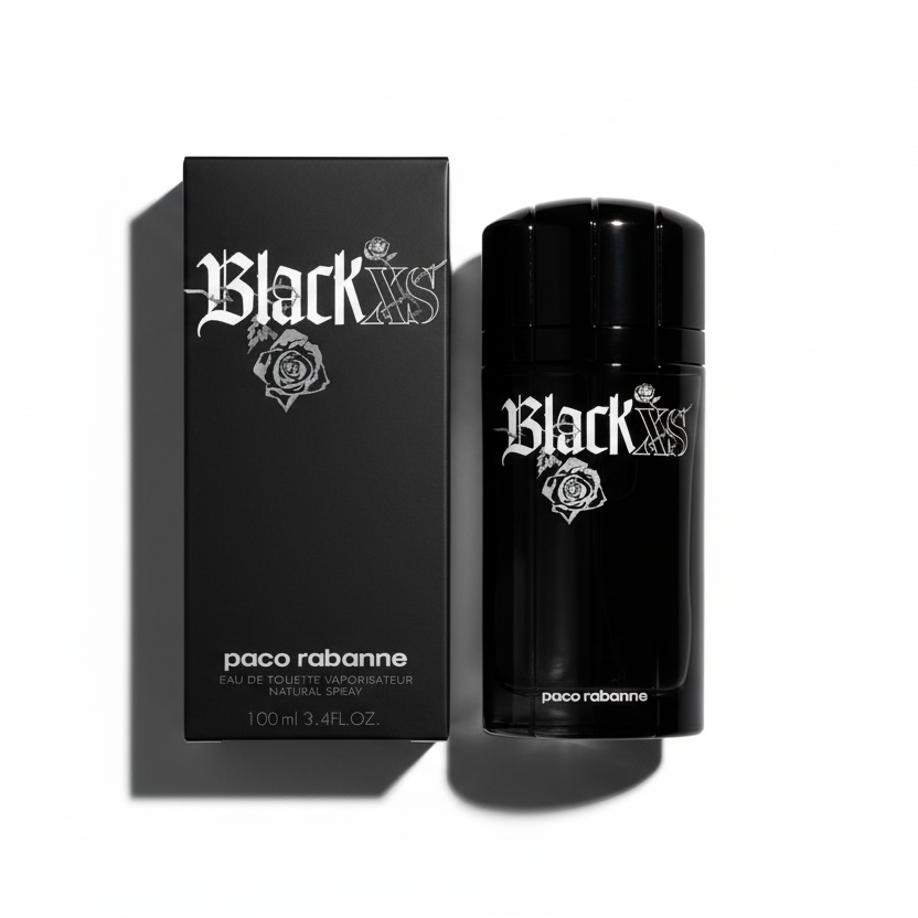 Paco Rabanne Black XS Eau de Toilette 100ml bottle with black packaging box featuring gothic logo and rose emblem