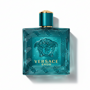 Versace Eros Eau de Parfum bottle laying flat top-down view - turquoise blue perfume bottle with gold Medusa emblem and Greek key design