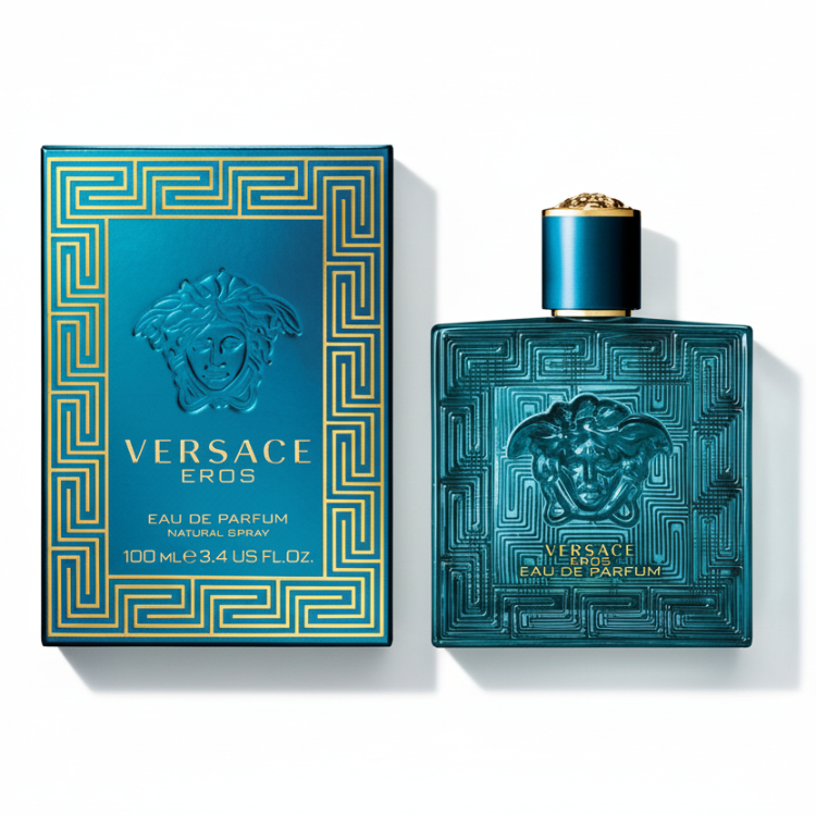 Versace Eros Eau de Parfum 100ml bottle and box flat lay top view - luxury men's fragrance with turquoise bottle and Greek key pattern packaging