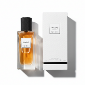 YSL Tuxedo perfume bottle with elegant white textured box packaging - luxury fragrance set, professional top-down photography