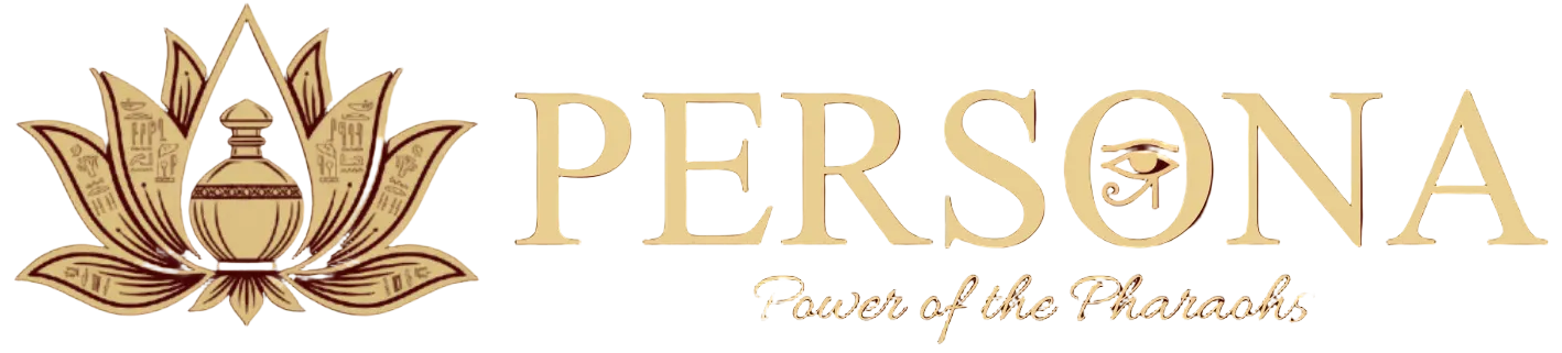 PERSONA Logo - Luxury Perfume Brand with Pharaonic Identity, featuring Egyptian Lotus Flower, Perfume Bottle and Eye of Horus