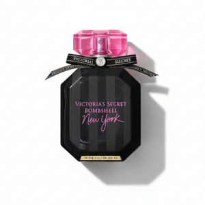 Victoria's Secret Bombshell New York 100ml - sleek black geometric bottle with hot pink cap and ribbon, luxury women's eau de parfum