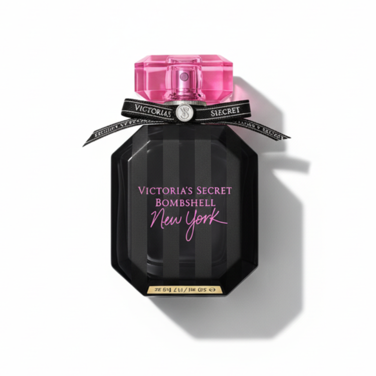 Victoria's Secret Bombshell New York 100ml - sleek black geometric bottle with hot pink cap and ribbon, luxury women's eau de parfum