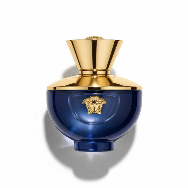 Versace Dylan Blue Pour Femme Eau de Parfum 100ml - Luxury women's perfume bottle with navy blue glass and gold Medusa cap