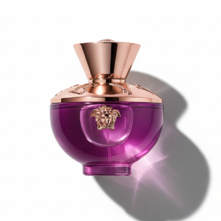 Versace Dylan Purple Pour Femme Eau de Parfum 100ml - Luxury women's perfume bottle with vibrant purple glass and rose gold Medusa cap