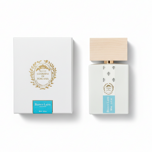 Giardini Di Toscana Bianco Latte with elegant white packaging box featuring gold laurel wreath - Italian niche perfume 100ml