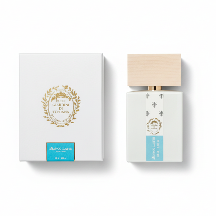 Giardini Di Toscana Bianco Latte with elegant white packaging box featuring gold laurel wreath - Italian niche perfume 100ml