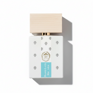 Giardini Di Toscana Bianco Latte Eau de Parfum 100ml - white frosted glass bottle with wooden cap and gold laurel emblem, Italian luxury fragrance