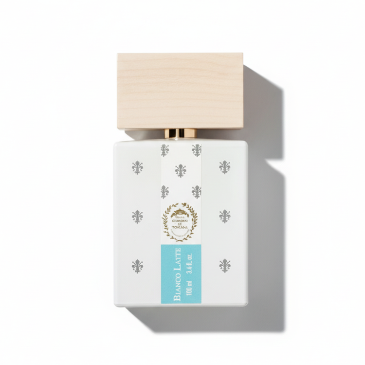 Giardini Di Toscana Bianco Latte Eau de Parfum 100ml - white frosted glass bottle with wooden cap and gold laurel emblem, Italian luxury fragrance