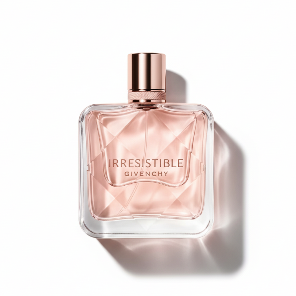 Givenchy Irresistible EDP 80ml bottle - professional top-down photography showing square glass bottle with pink liquid and rose gold cap on white background