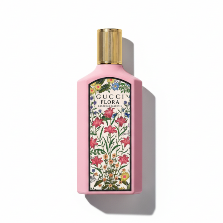 Gucci Flora Gorgeous Gardenia Eau de Parfum 100ml - soft pink matte bottle with gold ribbed cap and floral botanical label, luxury women's fragrance