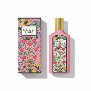 Gucci Flora Gorgeous Gardenia with pink packaging box featuring gardenia flowers and floral pattern - Italian luxury perfume 100ml