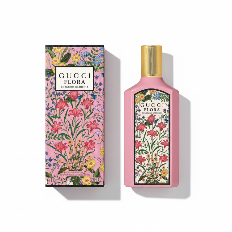 Gucci Flora Gorgeous Gardenia with pink packaging box featuring gardenia flowers and floral pattern - Italian luxury perfume 100ml
