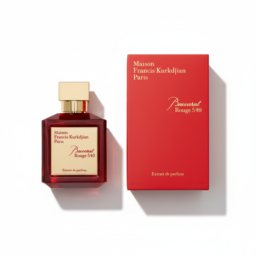 Baccarat Rouge 540 Extrait with signature red box featuring gold lettering - MFK luxury perfume 70ml