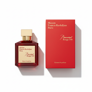Baccarat Rouge 540 Extrait with signature red box featuring gold lettering - MFK luxury perfume 70ml