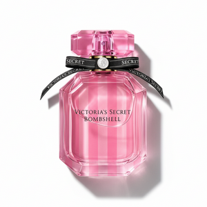 Victoria's Secret Bombshell 100ml - iconic pink striped geometric bottle with pink cap and black ribbon, luxury women's fragrance