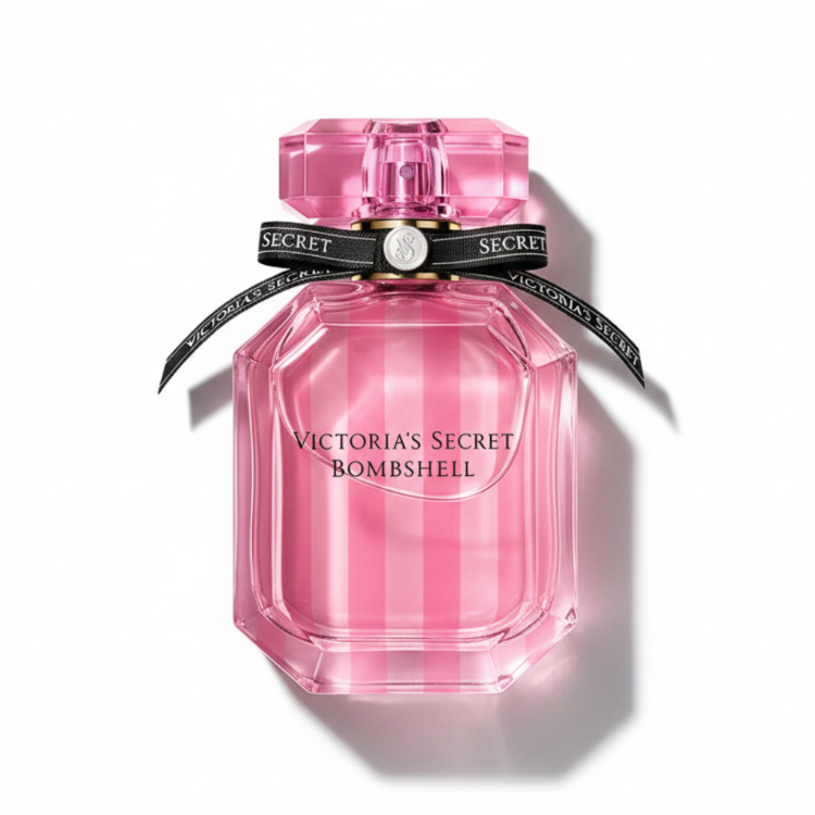 Victoria's Secret Bombshell 100ml - iconic pink striped geometric bottle with pink cap and black ribbon, luxury women's fragrance