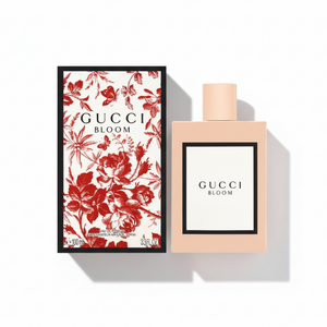 Gucci Bloom Eau de Parfum with signature floral packaging box featuring red blossoms on white background - designer women's perfume 100ml, luxury gift set