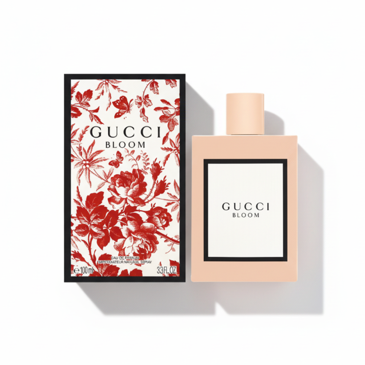 Gucci Bloom Eau de Parfum with signature floral packaging box featuring red blossoms on white background - designer women's perfume 100ml, luxury gift set