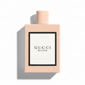 Gucci Bloom Eau de Parfum 100ml - luxury floral fragrance bottle in soft pink lacquer finish, flat lay photography on white background, women's designer perfume