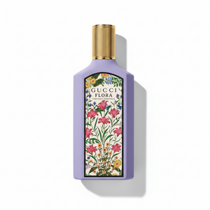 Gucci Flora Gorgeous Magnolia Eau de Parfum 100ml - lavender purple matte bottle with gold ribbed cap and floral botanical label, luxury women's fragrance