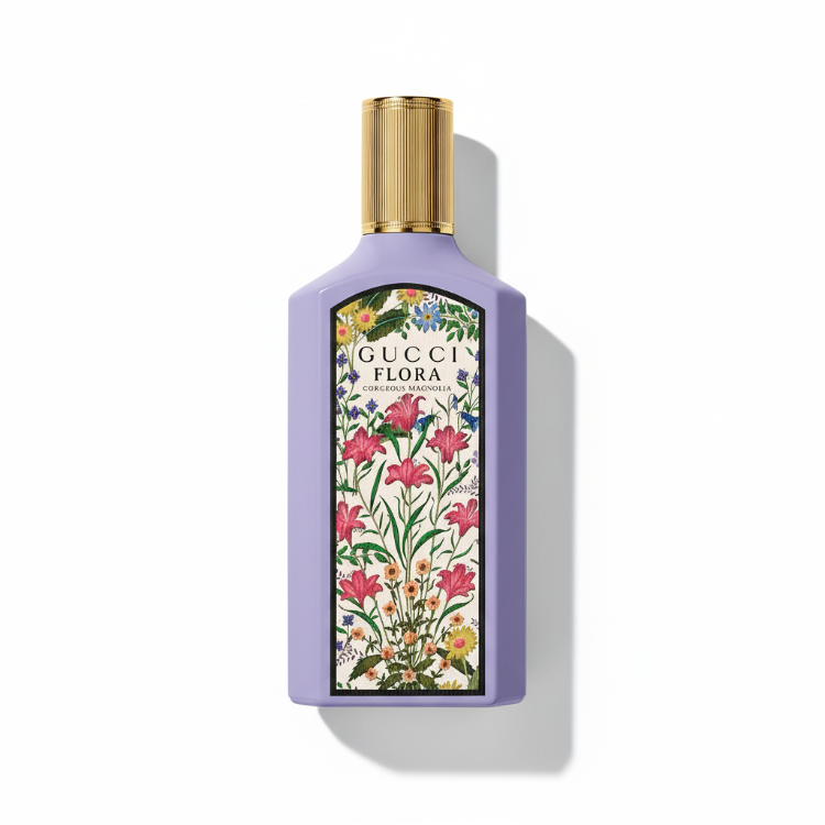 Gucci Flora Gorgeous Magnolia Eau de Parfum 100ml - lavender purple matte bottle with gold ribbed cap and floral botanical label, luxury women's fragrance