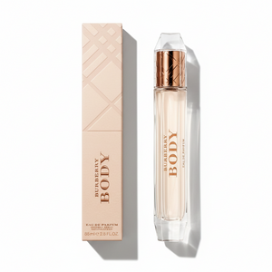 Burberry Body Eau de Parfum with nude beige packaging box featuring embossed Burberry check pattern - British luxury perfume 85ml