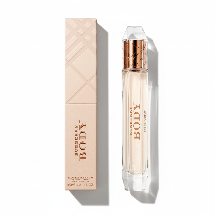 Burberry Body Eau de Parfum with nude beige packaging box featuring embossed Burberry check pattern - British luxury perfume 85ml