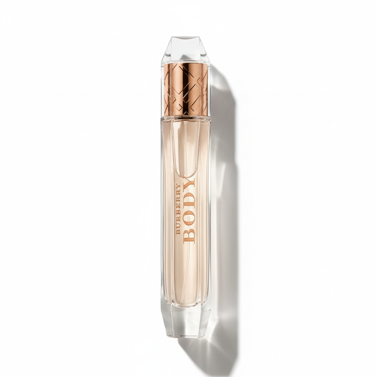 Burberry Body Eau de Parfum with nude beige packaging box featuring embossed Burberry check pattern - British luxury perfume 85ml