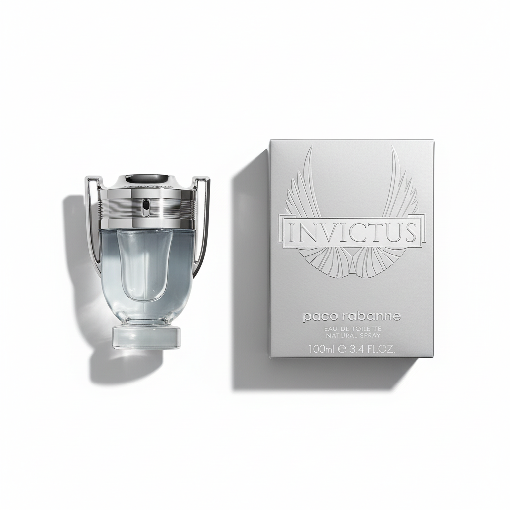 Paco Rabanne Invictus perfume bottle and silver box with fresh mandarin, patchouli, oakmoss ingredients
