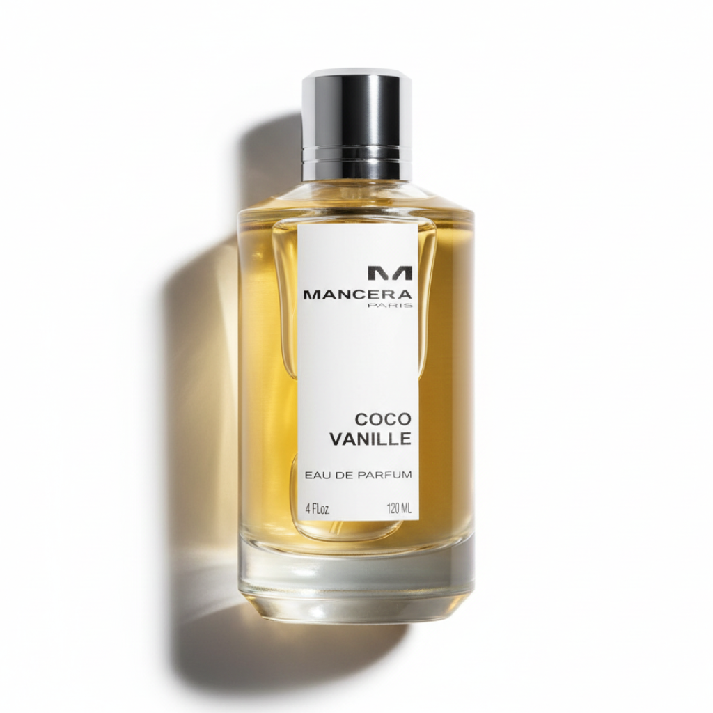 Mancera Coco Vanille Eau de Parfum 120ml bottle - luxury unisex gourmand fragrance with golden liquid and silver cap, professional top-down view