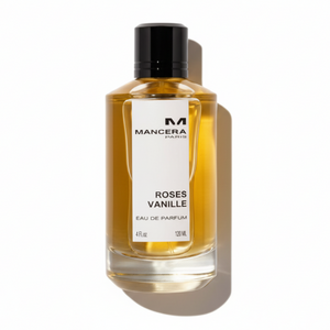 Mancera Roses Vanille Eau de Parfum 120ml bottle - luxury unisex floral vanilla fragrance with golden liquid and silver cap, professional top-down view