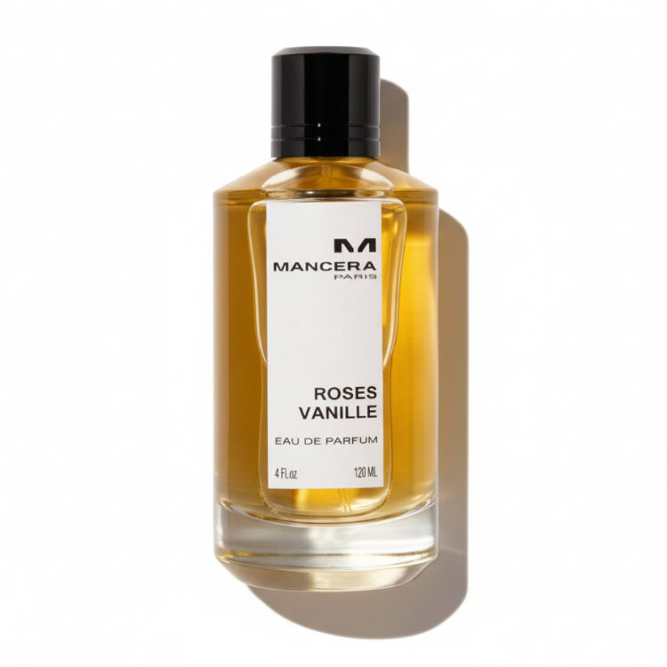 Mancera Roses Vanille Eau de Parfum 120ml bottle - luxury unisex floral vanilla fragrance with golden liquid and silver cap, professional top-down view