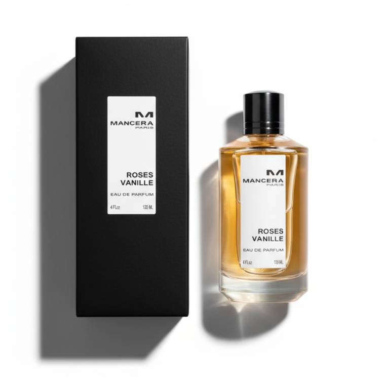 Mancera Roses Vanille perfume bottle with elegant black box packaging - luxury rose vanilla fragrance set, professional top-down photography