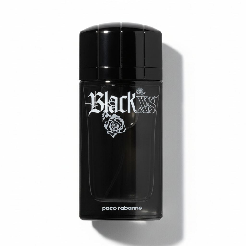 Paco Rabanne Black XS EDT 100ml - Black glass bottle with ridged cap next to luxury black box on white background