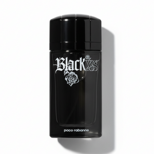 Paco Rabanne Black XS EDT 100ml - Black glass bottle with ridged cap next to luxury black box on white background