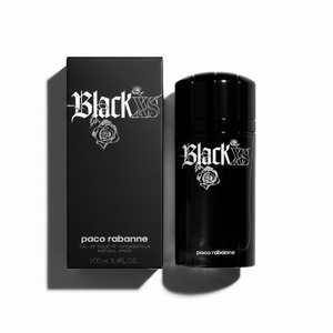 Paco Rabanne Black XS Eau de Toilette 100ml bottle with black packaging box featuring gothic logo and rose emblem