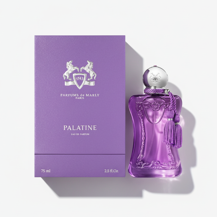Parfums de Marly Palatine with royal purple packaging box featuring baroque design - French niche perfume 75ml, luxury gift set