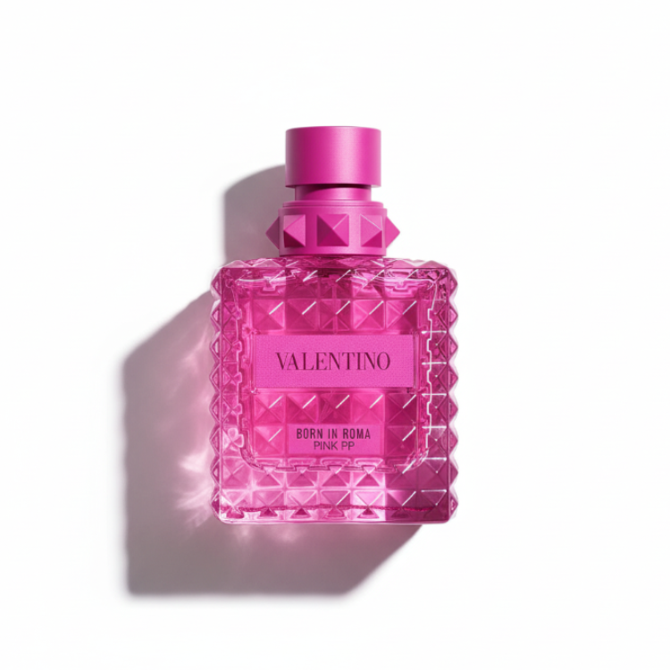 Valentino Donna Born In Roma Pink PP 100ml - vibrant hot pink studded bottle with geometric pyramid pattern, luxury women's eau de parfum