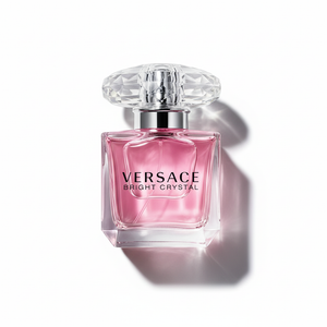 Versace Bright Crystal Eau de Toilette 90ml with pale pink packaging box - elegant crystal-cut bottle with silver diamond cap and Medusa logo
