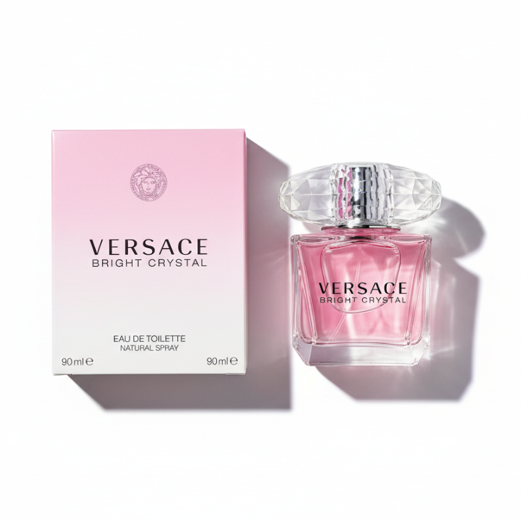 Versace Bright Crystal Eau de Toilette 90ml with pale pink packaging box - elegant crystal-cut bottle with silver diamond cap and Medusa logo