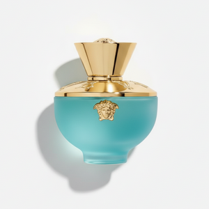 Versace Pour Femme Dylan Turquoise 100ml - stunning turquoise-to-gold gradient bottle with gold Medusa emblem, luxury women's eau de toilette
