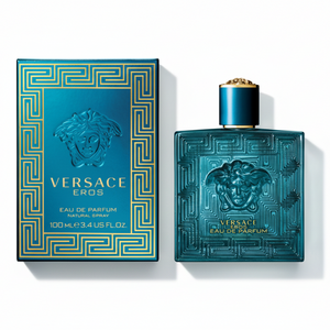 Versace Eros Eau de Parfum 100ml bottle and box flat lay top view - luxury men's fragrance with turquoise bottle and Greek key pattern packaging