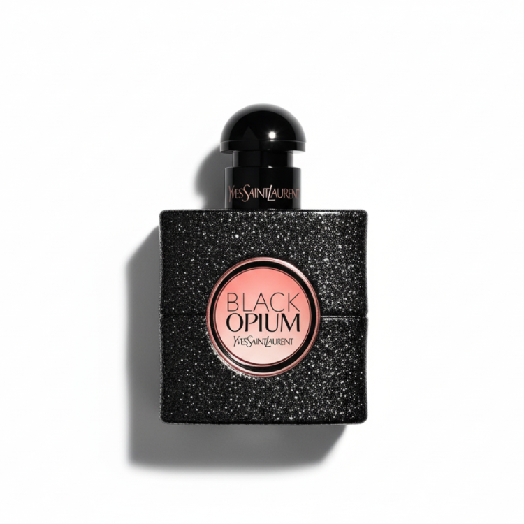 YSL Black Opium Eau de Parfum in confident woman's hand with burgundy nails and casino atmosphere